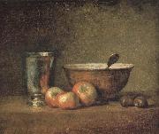 Three apple two millet bowls and silver wine class Jean Baptiste Simeon Chardin